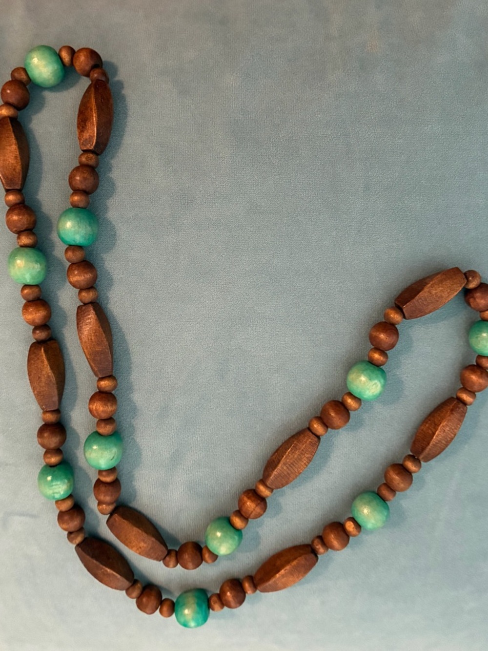 Beautiful Long Turquoise and Brown Wooden Beaded Necklace - Picture 2 of 5
